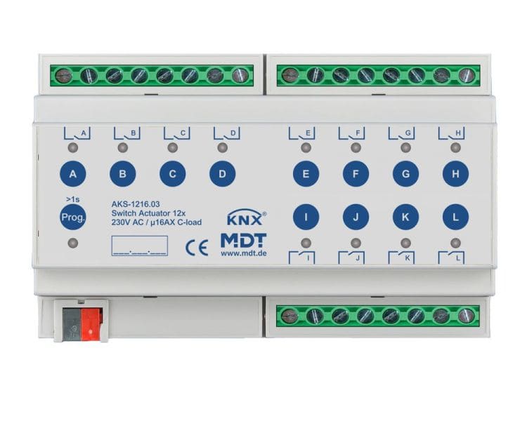 MDT - KNX Schaltaktor 12-fach, 8TE REG, 16 A, 230 V AC, C-Last, Standard, 140 µF