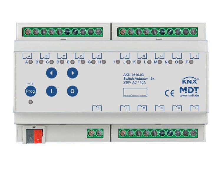 MDT - KNX Schaltaktor 16-fach, 8TE REG, 16 A, 230 V AC, Kompakt, 70 µF, 10 EVG