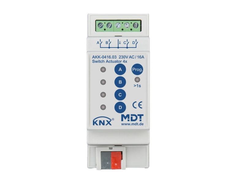 MDT - KNX Schaltaktor 4-fach, 2TE REG, 16 A, 230 V AC, Kompakt, 70 µF, 10 EVG