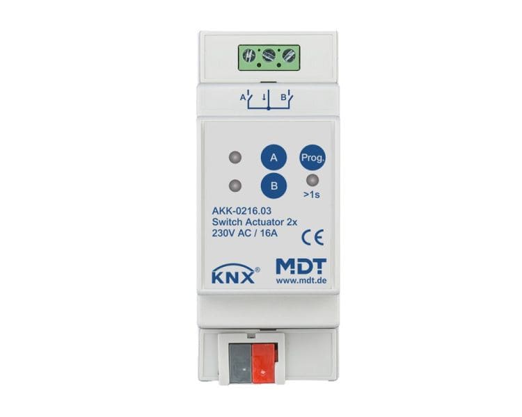 MDT - KNX Schaltaktor 2-fach, 2TE REG, 16 A, 230 V AC, Kompakt, 70 µF, 10 EVG
