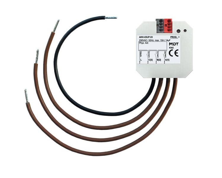 MDT - KNX Schaltaktor 3-fach, UP, 10 A, 230 V AC, Kompakt, 14 µF, 2 EVG, Fan coil