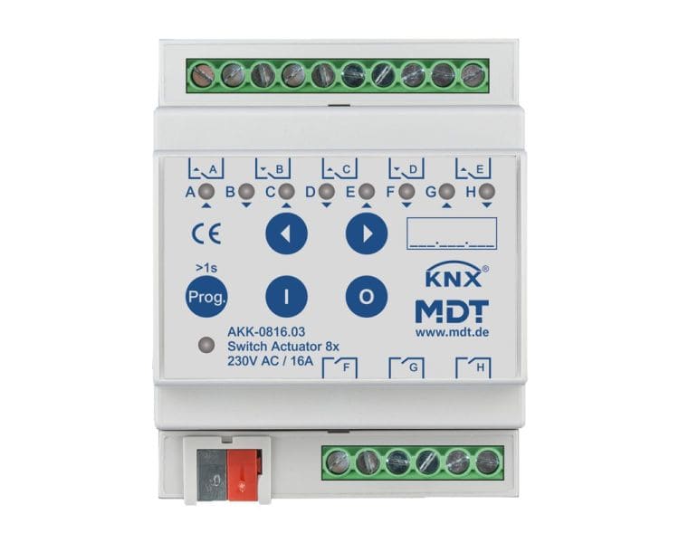 MDT - KNX Schaltaktor 8-fach, 4TE REG, 16 A, 230 V AC, Kompakt, 70 µF, 10 EVG