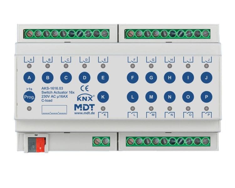 MDT - KNX Schaltaktor 16-fach, 8TE REG, 16 A, 230 V AC, C-Last, Standard, 140 µF