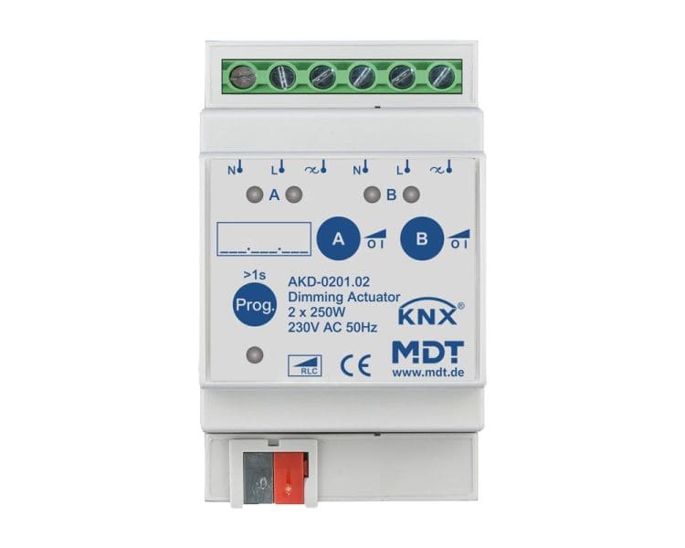MDT - KNX Dimmaktor 2-fach, 3TE REG, 250 W, 230 V AC mit Wirkleistungsmessung
