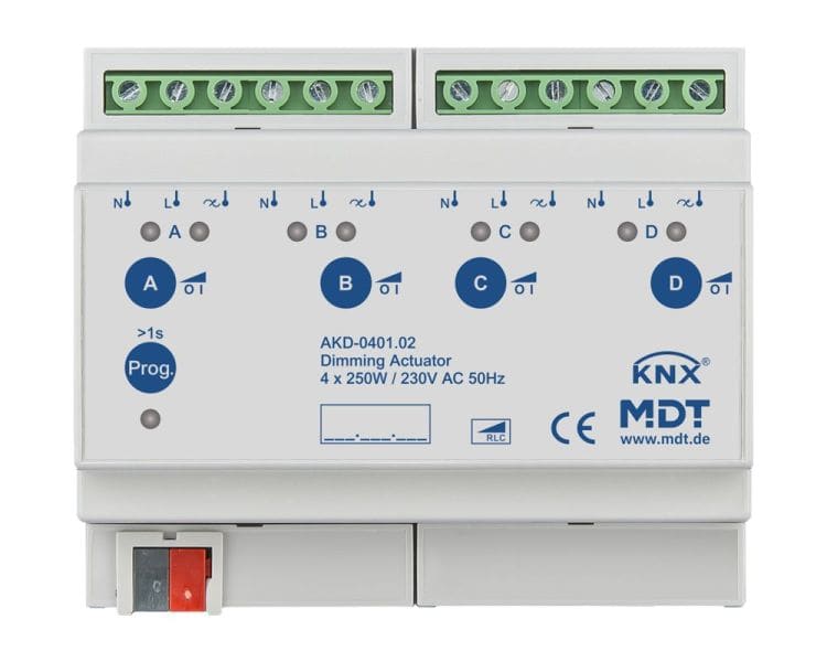 MDT - KNX Dimmaktor 4-fach, 6TE REG, 250 W, 230 V AC mit Wirkleistungsmessung