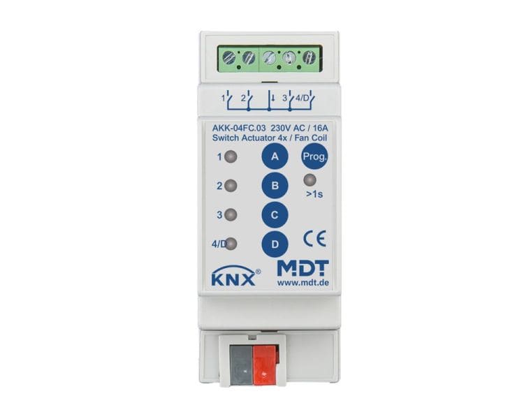 MDT - KNX Schaltaktor 4-fach, 2TE REG, 16 A, 230 V AC, Kompakt, 70 µF, 10EVG, Fan coil