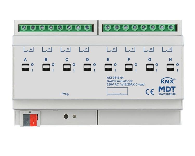 MDT - KNX Schaltaktor 8-fach, 8TE REG, 16/20 A, 230 V AC, C-Last, Industrie, 200 µF