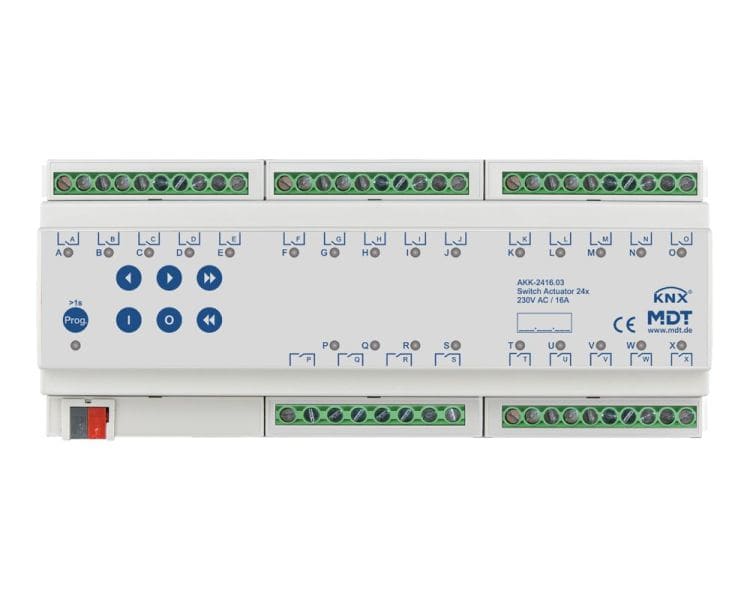 MDT - KNX Schaltaktor 24-fach, 12TE REG, 16 A, 230 V AC, Kompakt, 70 µF, 10 EVG