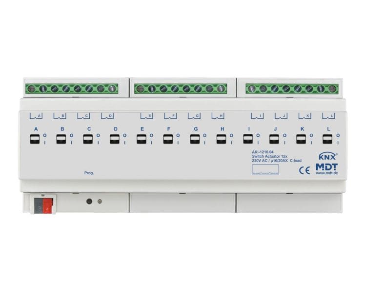 MDT - KNX Schaltaktor 12-fach, 12TE REG, 16/20 A, 230 V AC, C-Last, Industrie, 200 µF