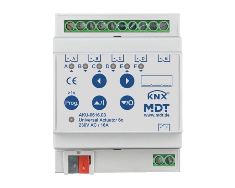MDT - KNX Universalaktor 6-fach, 4TE REG, 16 A, 230 V AC, 100 µF, 15 EVG