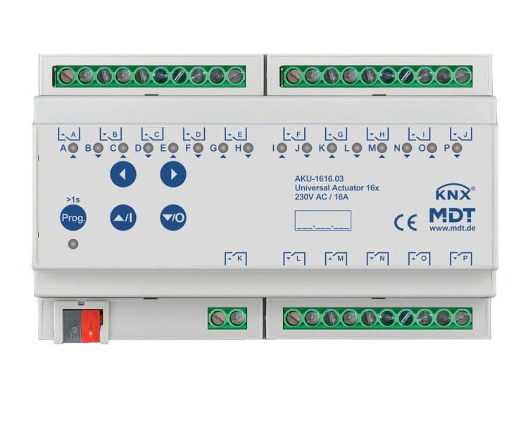 MDT - KNX Universalaktor 16-fach, 8TE REG, 16 A, 230 V AC, 100 µF, 15 EVG