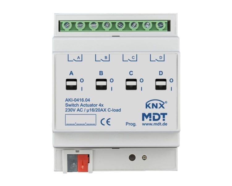 MDT - KNX Schaltaktor 4-fach, 4TE REG, 16/20 A, 230 V AC, C-Last, Industrie, 200 µF