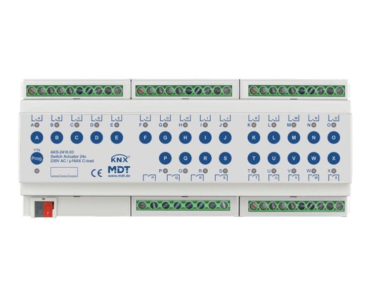 MDT - KNX Schaltaktor 24-fach, 12TE REG, 16 A, 230 V AC, C-Last, Standard, 140 µF