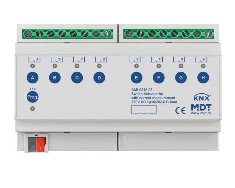 MDT - KNX Schaltaktor 8-fach, 8TE REG, 16/20 A, 230 V AC, C-Last, Strommessung, 200 µF