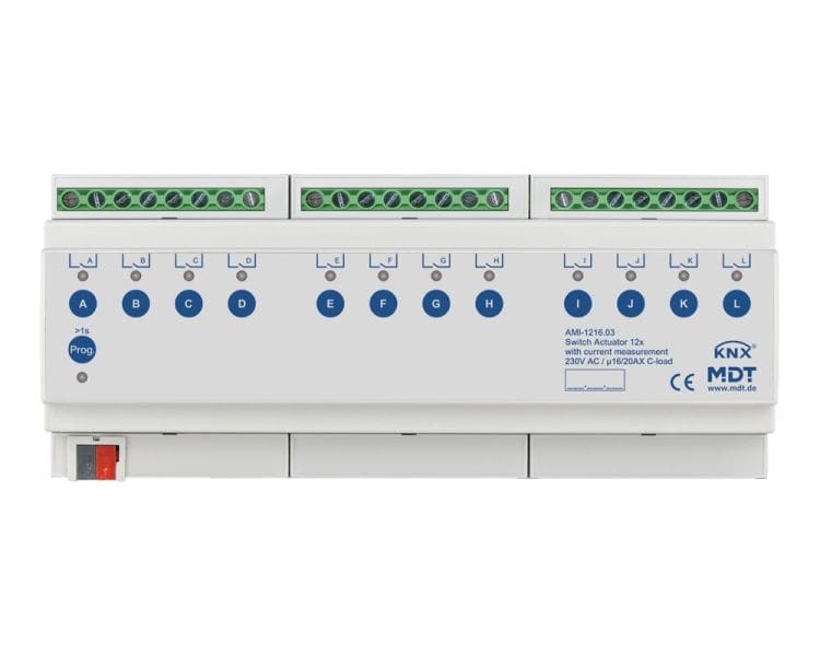 MDT - KNX Schaltaktor 12-fach, 12TE REG, 16/20 A, 230VAC, C-Last, Strommessung, 200 µF