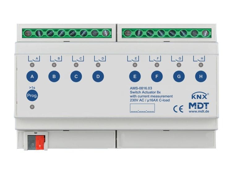 MDT - KNX Schaltaktor 8-fach, 8TE REG, 16 A, 230 V AC, C-Last, Strommessung, 140 µF