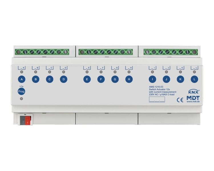 MDT - KNX Schaltaktor 12-fach, 12TE REG, 16 A, 230 V AC, C-Last, Strommessung, 140 µF