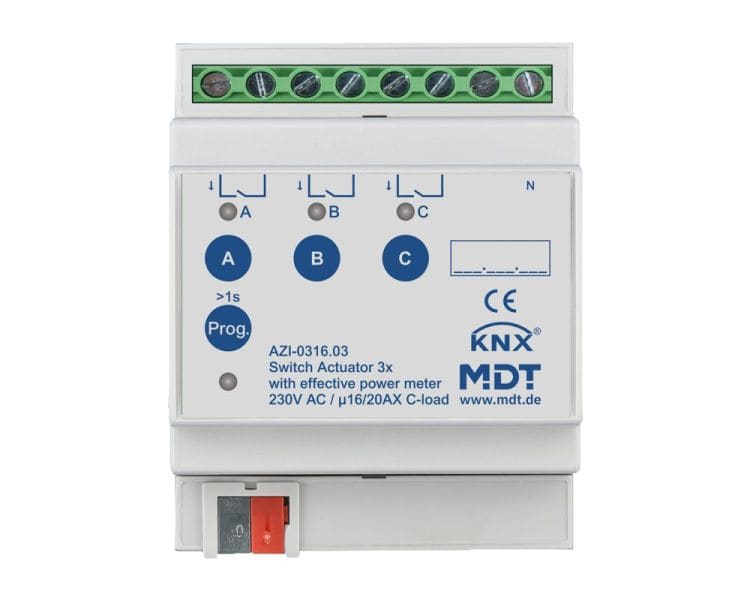 MDT - KNX Schaltaktor 3-fach, 4TE REG, 16/20 A, 230 V AC, Wirkleistungszähler, 200 µF