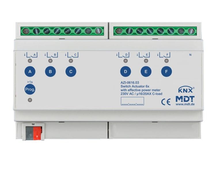 MDT - KNX Schaltaktor 6-fach, 8TE REG, 16/20 A, 230 V AC, Wirkleistungszähler, 200 µF