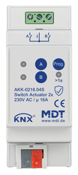 MDT - KNX Schaltaktor 2-fach, 2TE REG, 16 A, 230 V AC, Kompakt, 70µF, 10 EVG, Secure