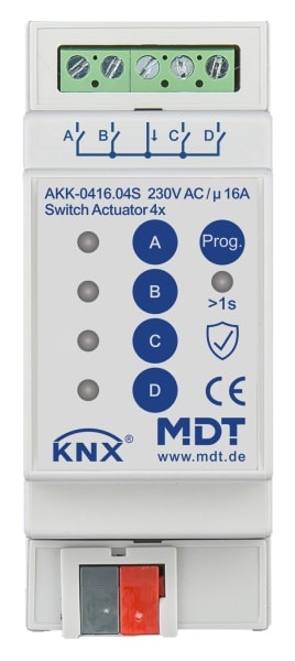 MDT - KNX Schaltaktor 4-fach, 2TE REG, 16 A, 230 V AC, Kompakt, 70µF, 10 EVG, Secure
