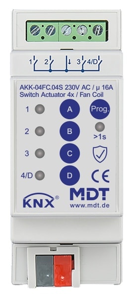 MDT - KNX Schaltaktor 4-fach, 2TE REG, 16 A, 230 V AC, Kompakt, 70µF, Fan coil, Secure