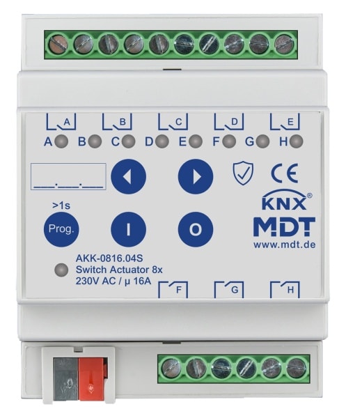 MDT - KNX Schaltaktor 8-fach, 4TE REG, 16 A, 230 V AC, Kompakt, 70µF, 10 EVG, Secure