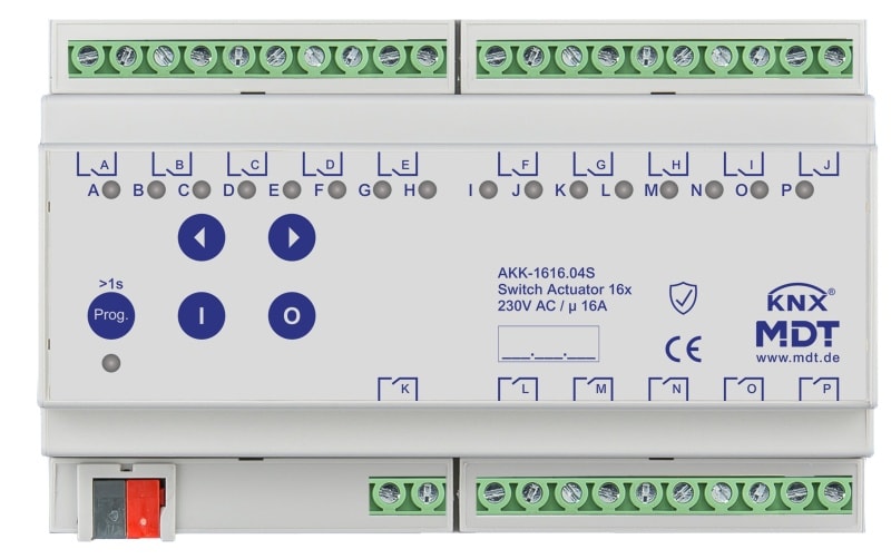 MDT - KNX Schaltaktor 16-fach, 8TE REG, 16 A, 230 V AC, Kompakt, 70µF, 10 EVG, Secure