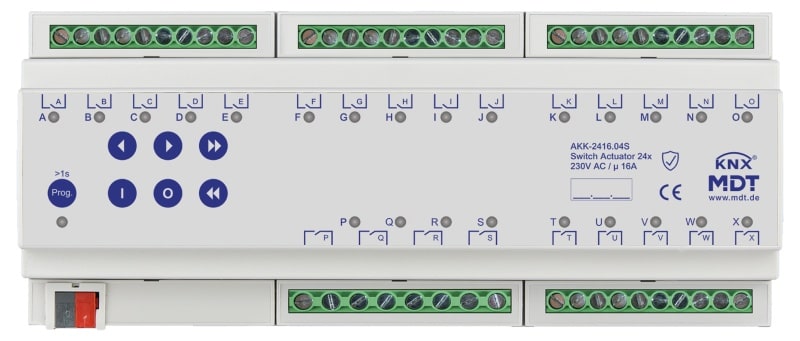 MDT - KNX Schaltaktor 24-fach, 12TE REG, 16 A, 230 V AC, Kompakt, 70µF, 10 EVG, Secure
