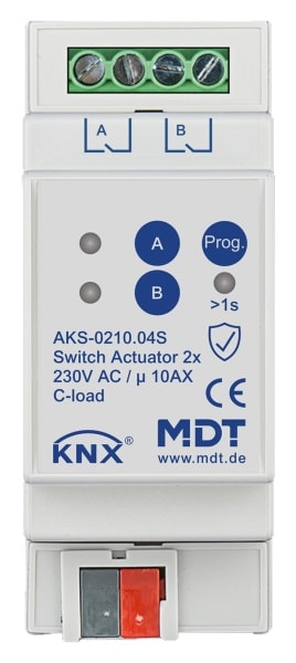 MDT - KNX Schaltaktor 2-fach, 2TE REG, 10 A, 230 V AC, C-Last,Standard,140µF, Secure
