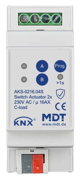 MDT - KNX Schaltaktor 2-fach, 2TE REG, 16 A, 230 V AC, C-Last,Standard,140µF, Secure
