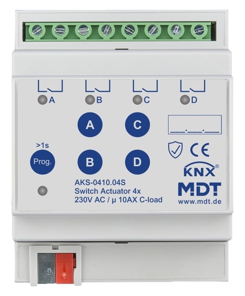 MDT - KNX Schaltaktor 4-fach, 4TE REG, 10 A, 230 V AC, C-Last,Standard,140µF, Secure