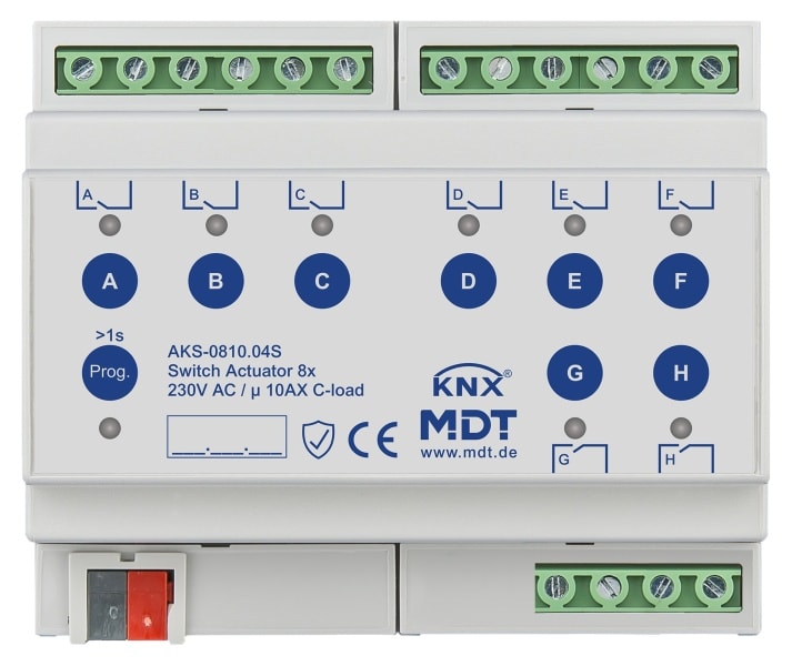 MDT - KNX Schaltaktor 8-fach, 6TE REG, 10 A, 230 V AC, C-Last,Standard,140µF, Secure
