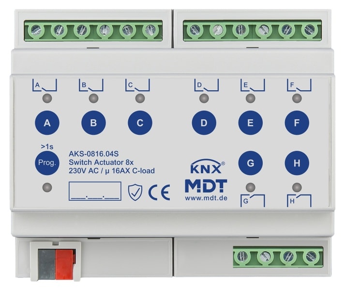 MDT - KNX Schaltaktor 8-fach, 6TE REG, 16 A, 230 V AC, C-Last,Standard,140µF, Secure