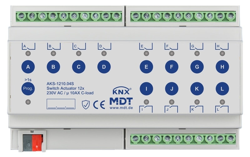 MDT - KNX Schaltaktor 12-fach, 8TE REG, 10 A, 230 V AC, C-Last,Standard,140µF, Secure