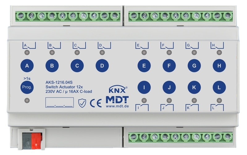 MDT - KNX Schaltaktor 12-fach, 8TE REG, 16 A, 230 V AC, C-Last,Standard,140µF, Secure