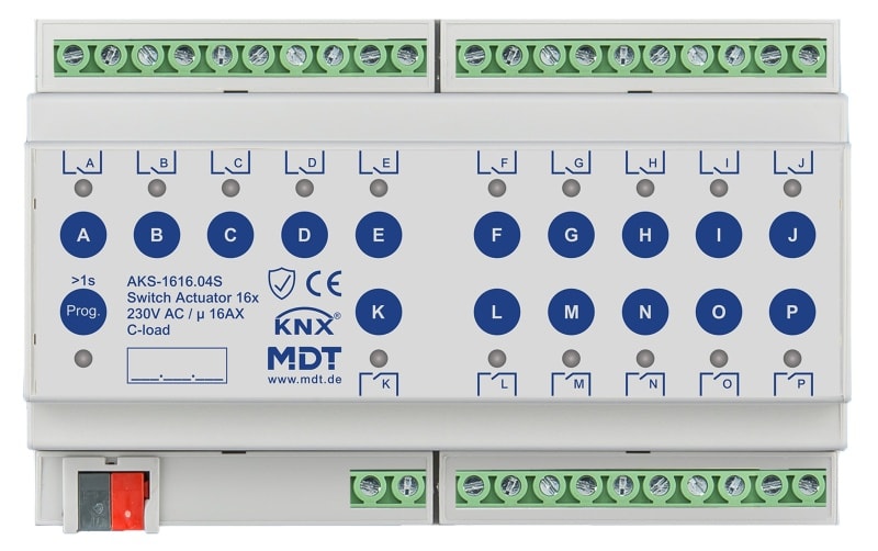 MDT - KNX Schaltaktor 16-fach, 8TE REG, 16 A, 230 V AC, C-Last,Standard,140µF, Secure
