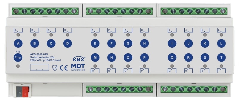 MDT - KNX Schaltaktor 20-fach, 12TE REG, 16 A, 230 V AC, C-Last,Standard,140µF, Secure