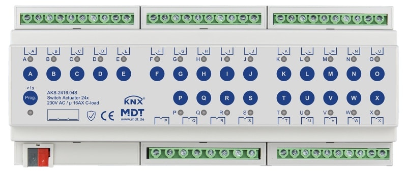 MDT - KNX Schaltaktor 24-fach, 12TE REG, 16 A, 230 V AC, C-Last,Standard,140µF, Secure