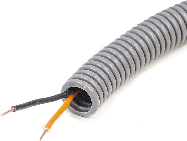 DIETZEL - PVC-Panzerflexrohr, Ø 20mm, 33412, biegsam, mittel, mit Turborillen, vorverdrahtet, grau, 50 m + YE 2x1,5 mm² sw,or