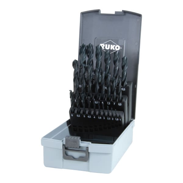 RUKO - Spiralbohrer-Satz DIN 338 Typ N, HSS-R in Kunststoffkassette - 25 tlg., Ø 1mm bis 13mm x 0,5 mm steigend
