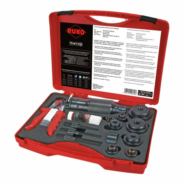 RUKO - Schraublochstanzen-Satz mit kompakter Handhydraulikstanze im Kunststoffkoffer - 14 tlg.