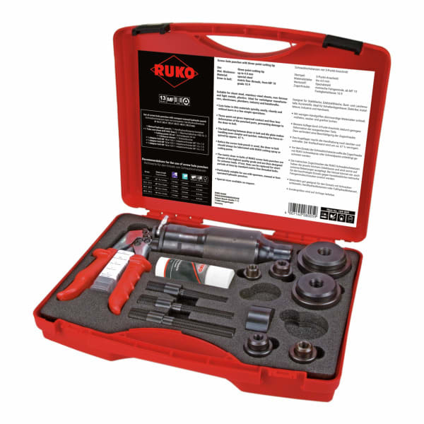 RUKO - Schraublochstanzen-Satz mit kompakter Handhydraulikstanze im Kunststoffkoffer - 12 tlg.