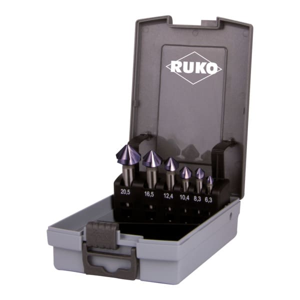 RUKO - Kegel- und Entgratsenker-Satz DIN 335 Form C 90° HSS-TiAlN in Kunststoffkassette - 6 tlg.