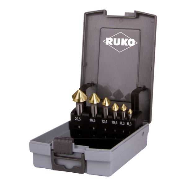 RUKO - Kegel- und Entgratsenker-Satz DIN 335 Form C 90° HSS-TiN in ABS-Kunststoffkassette - 6 tlg.