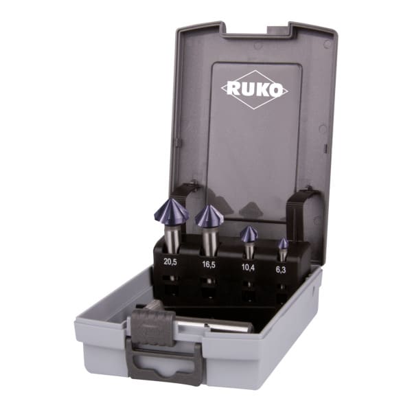 RUKO - Kegel- und Entgratsenker-Satz DIN 335 Form C 90° HSS-TiAlN in Kunststoffkassette - 5 tlg.