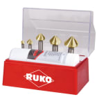 RUKO - Kegel- und Entgratsenker-Satz DIN 335 Form C 90° HSS-TiN + Schneidpaste 50 ml in Kunststoffkassette - 6 tlg.