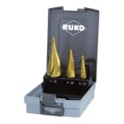 RUKO - Stufenbohrer-Satz HSS-TiN spiralgenutet in den Größen 0/9, 1, 2 in Kunststoffkassette - 3 tlg.