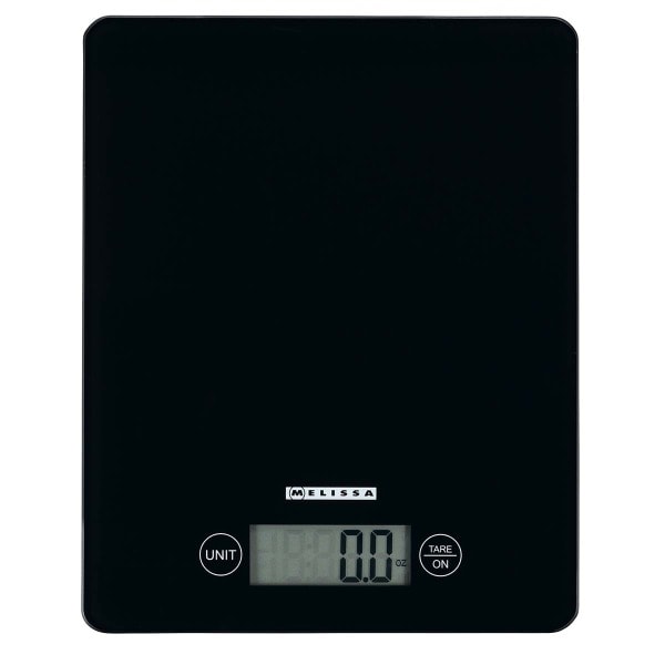 MELISSA - Küchenwaage b.5kg 1gTeilung Tara LCD Glas/Kunstst. sw