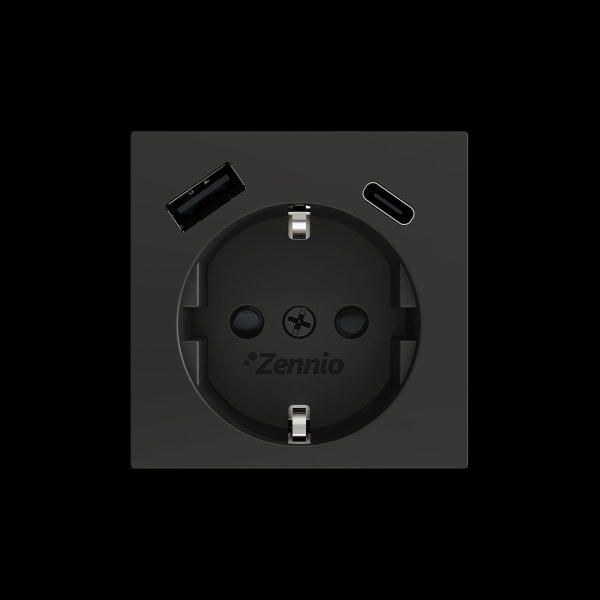 ZENNIO - ZS55. Schuko-Steckdosenabdeckung mit USB C und A 55x55mm-Schwarz